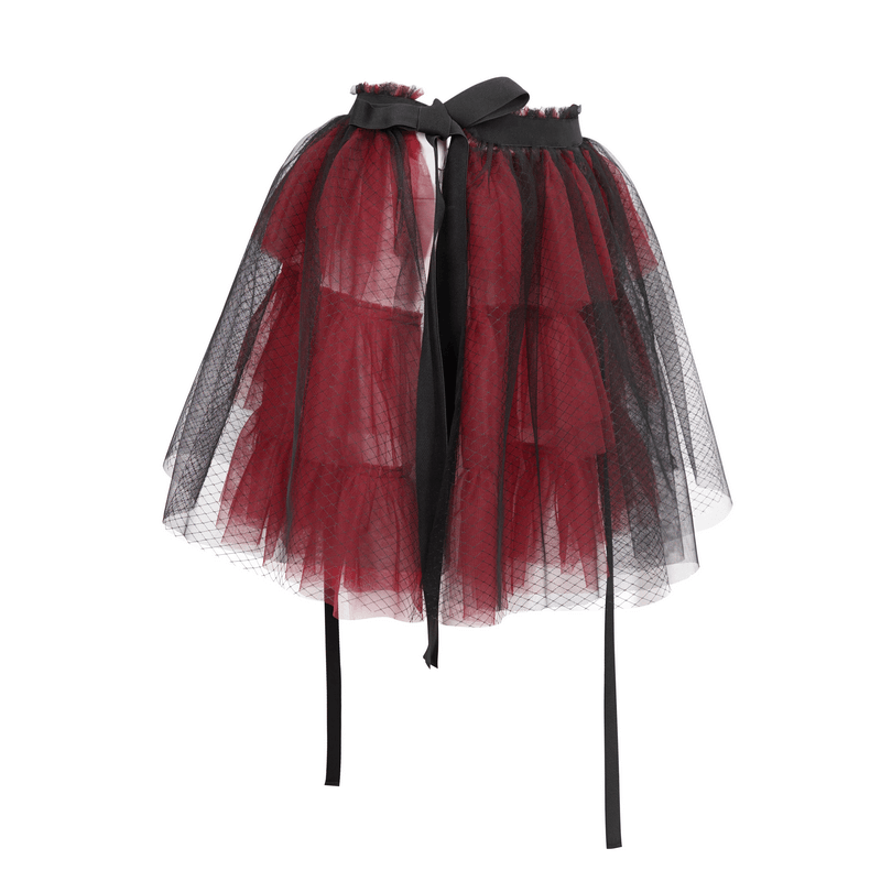 Black and red short mesh skirt with elastic waistband and bowknot, perfect for gothic fashion outfits.