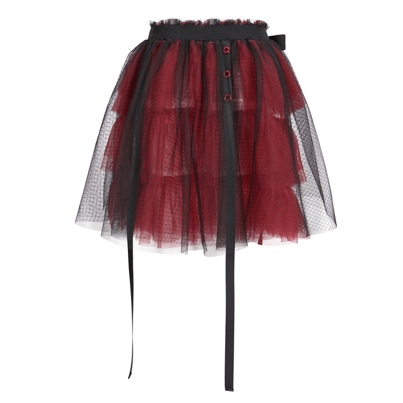 Stylish black and red short mesh skirt with elastic waistband and bowknot, perfect for gothic-themed outfits.