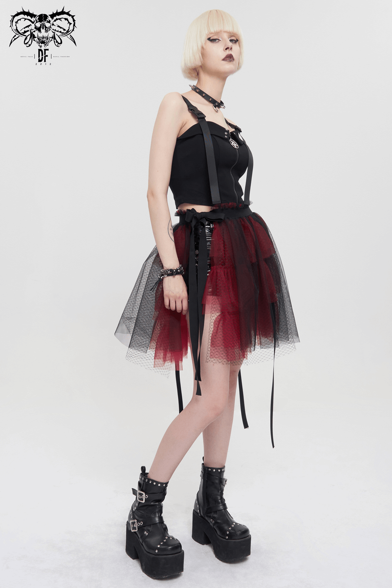 Model showcasing a black and red short mesh skirt with bowknot, gothic style, perfect for trendy outfits.
