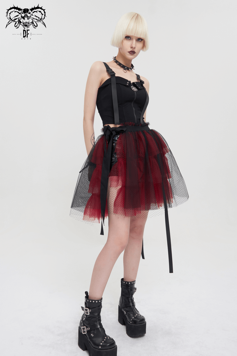 Black and red short mesh skirt with bowknot, styled for a gothic look, paired with edgy fashion and bold accessories.