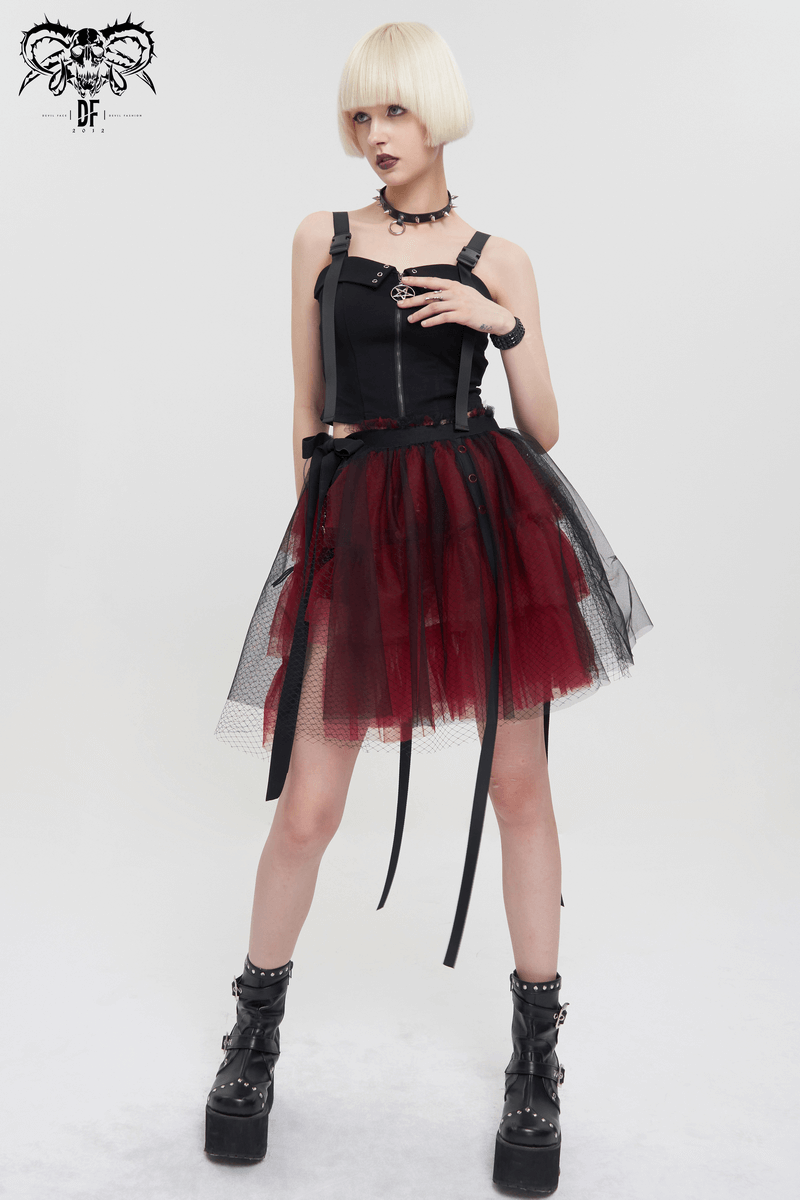 Black and Red Short Mesh Skirt / Gothic Style Elastic Waistband Skirt with Bowknot