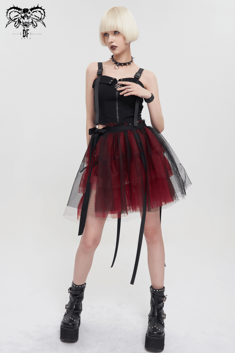 Stylish model wearing a black and red short mesh skirt with bowknot, perfect for gothic fashion lovers.
