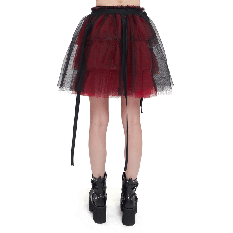 Back view of black and red short mesh skirt with layered design, perfect for gothic outfits and stylish looks.