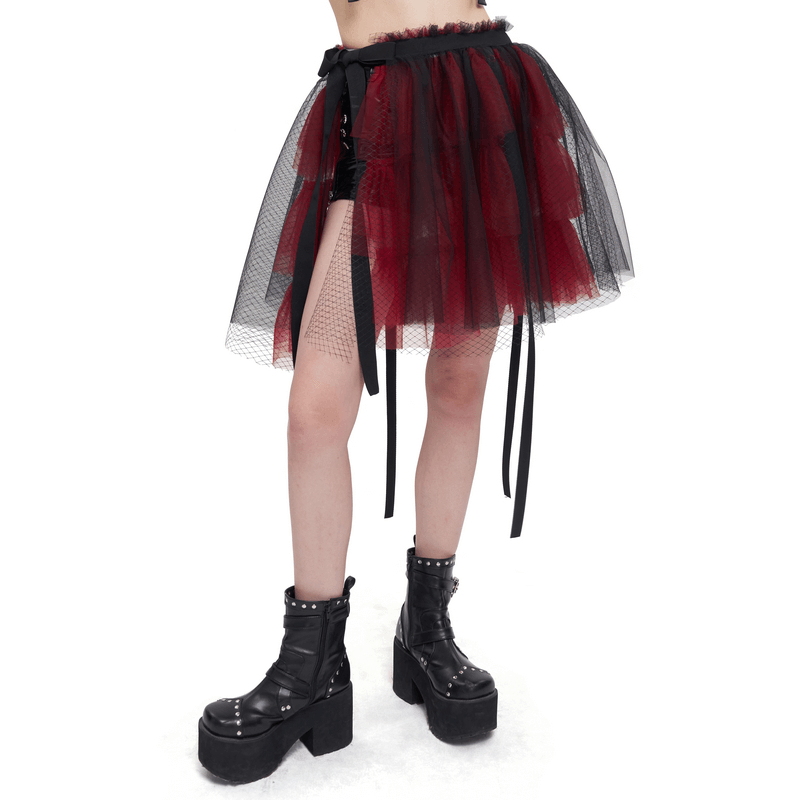 Gothic black and red short mesh skirt featuring an elastic waistband and bowknot, paired with stylish black platform boots.