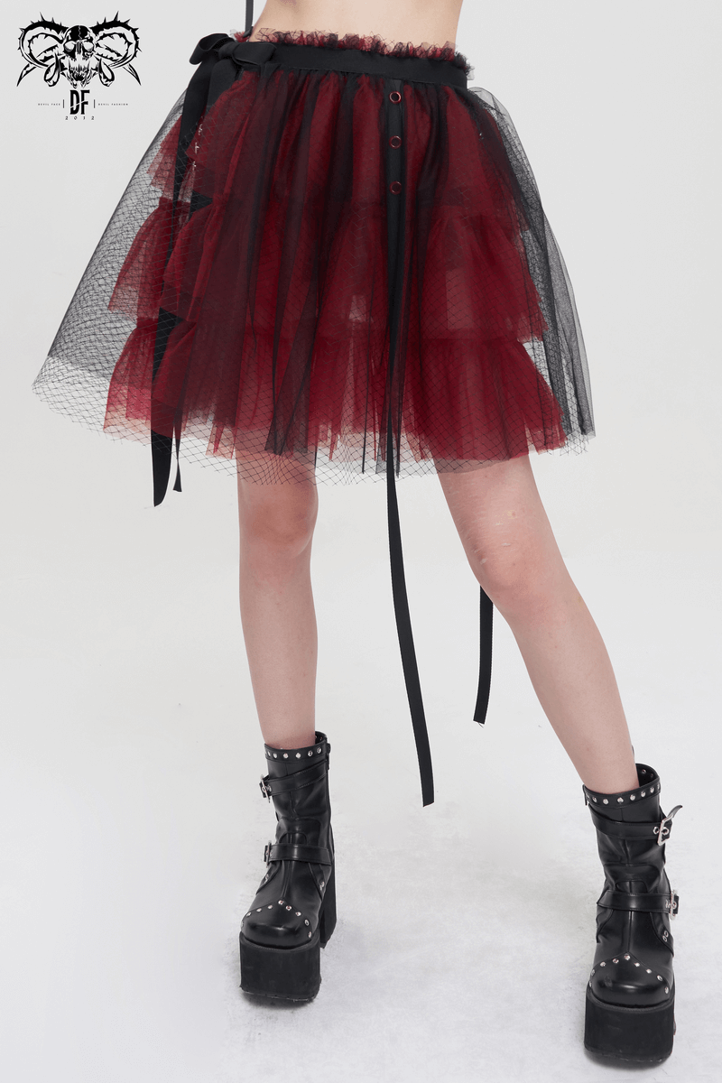 Black and red short mesh skirt with bowknot, layered design, perfect for gothic style outfits.
