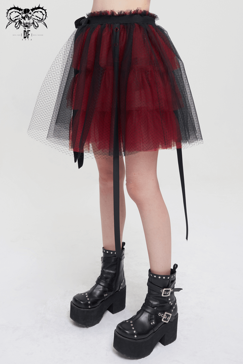Black and red short mesh skirt with layers and elastic waistband, perfect for gothic outfits.