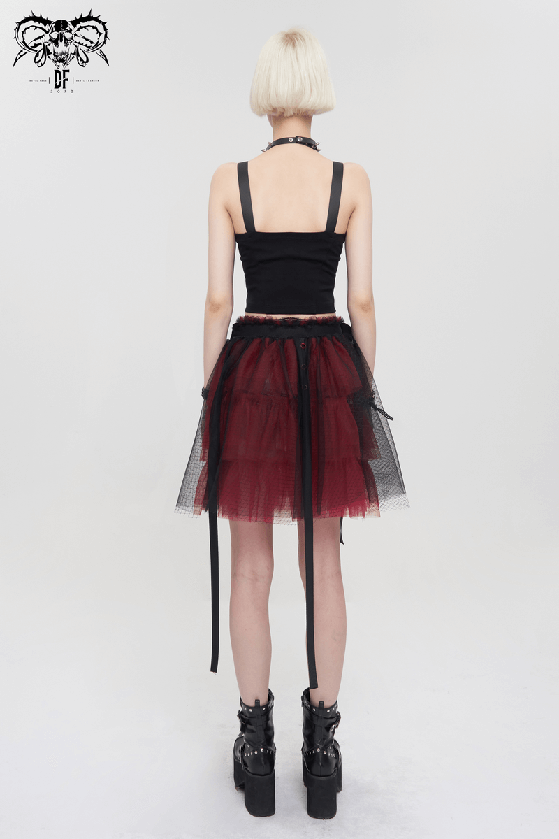 Back view of a woman in a black and red gothic mesh skirt with an elastic waistband and bowknot, showcasing stylish elegance.