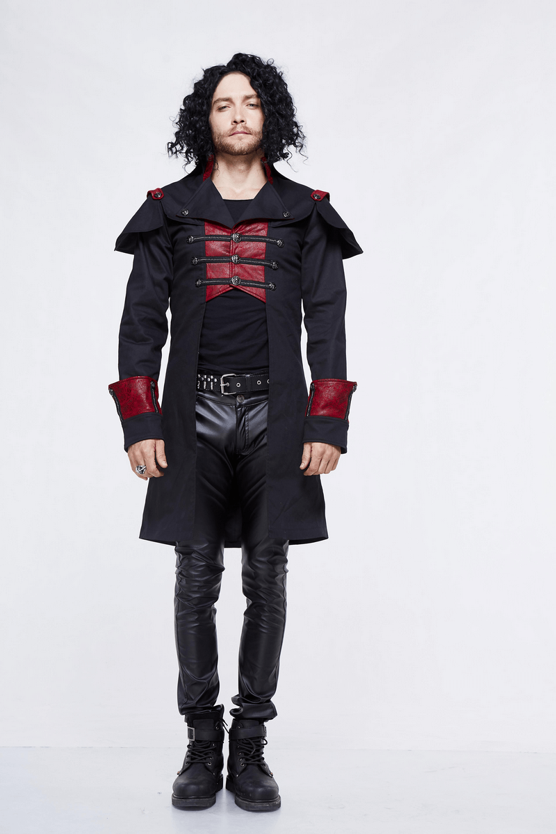 Black and Red Slim fit Stand Collar Coat / Gothic Male Black Military Cape