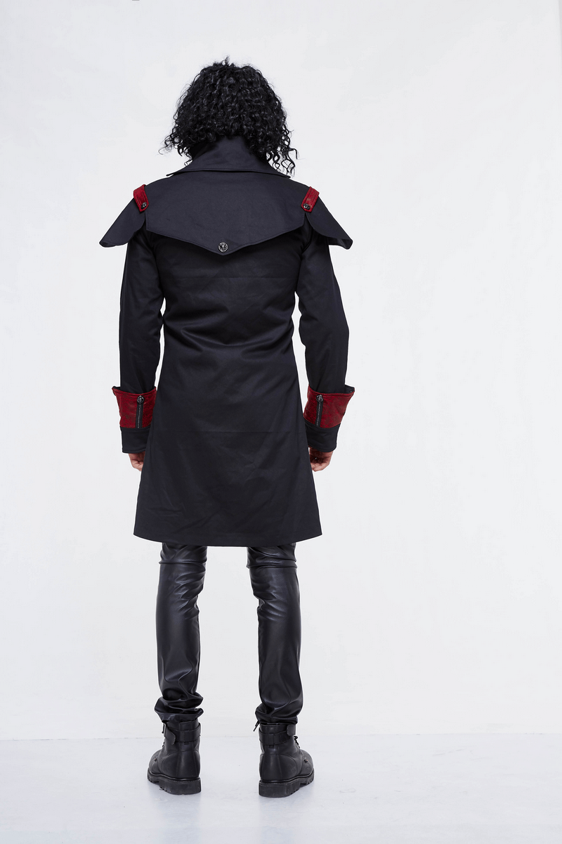 Men's black and red slim fit Gothic cape coat with stylish collar and cuffs, perfect for unique fashion statements.