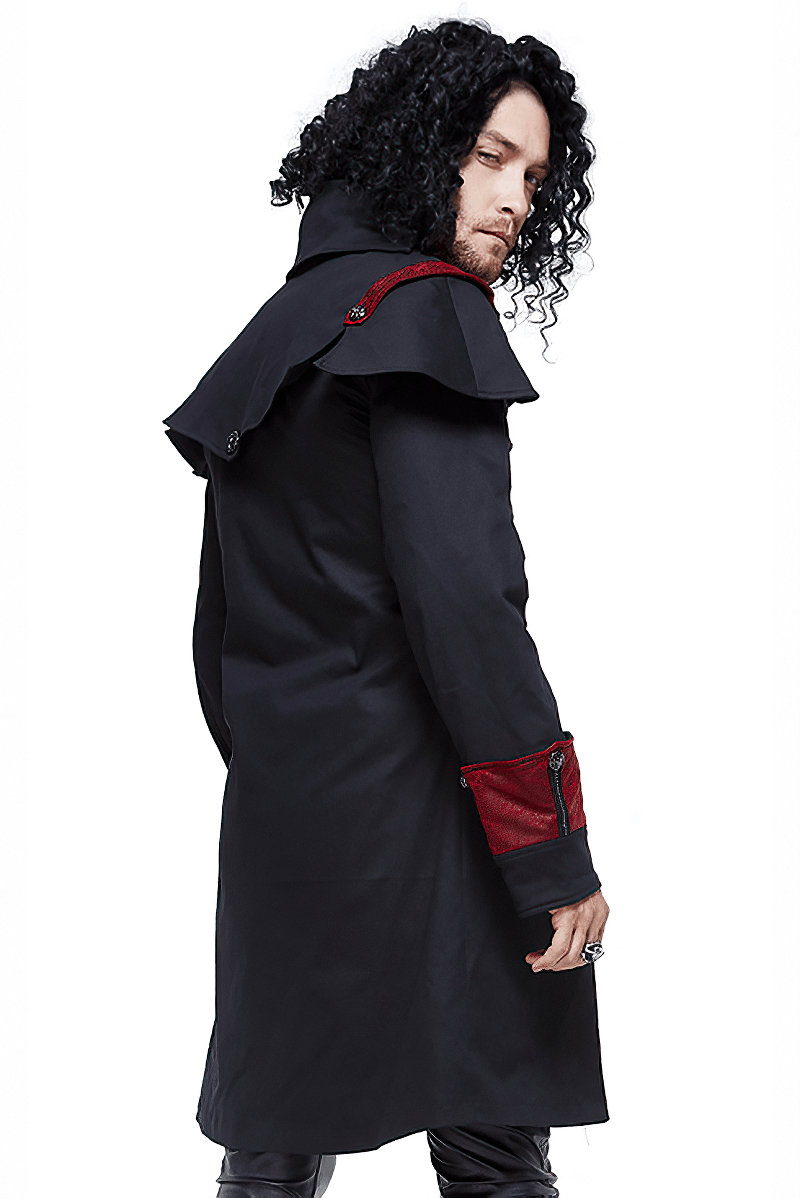 Men's black and red Gothic slim fit coat, featuring stylish stand collar and unique design details.