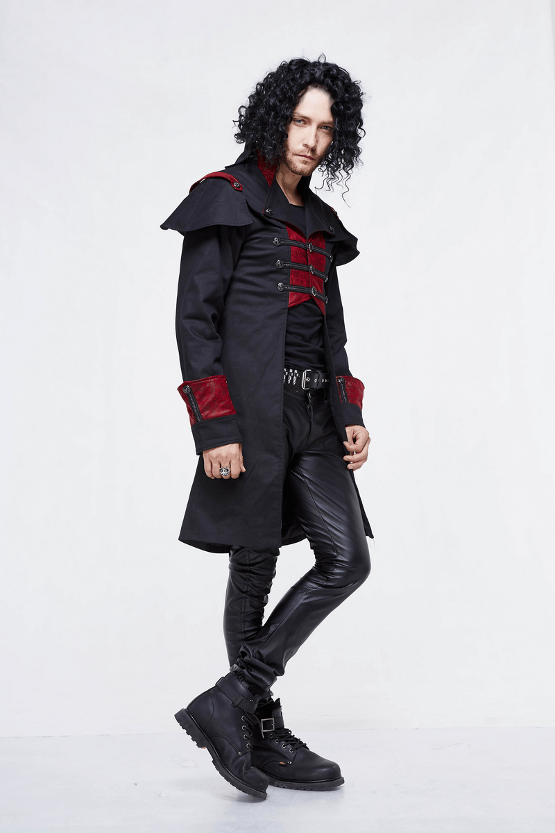 Gothic male model in a black and red slim fit coat with stylish details and leather pants.