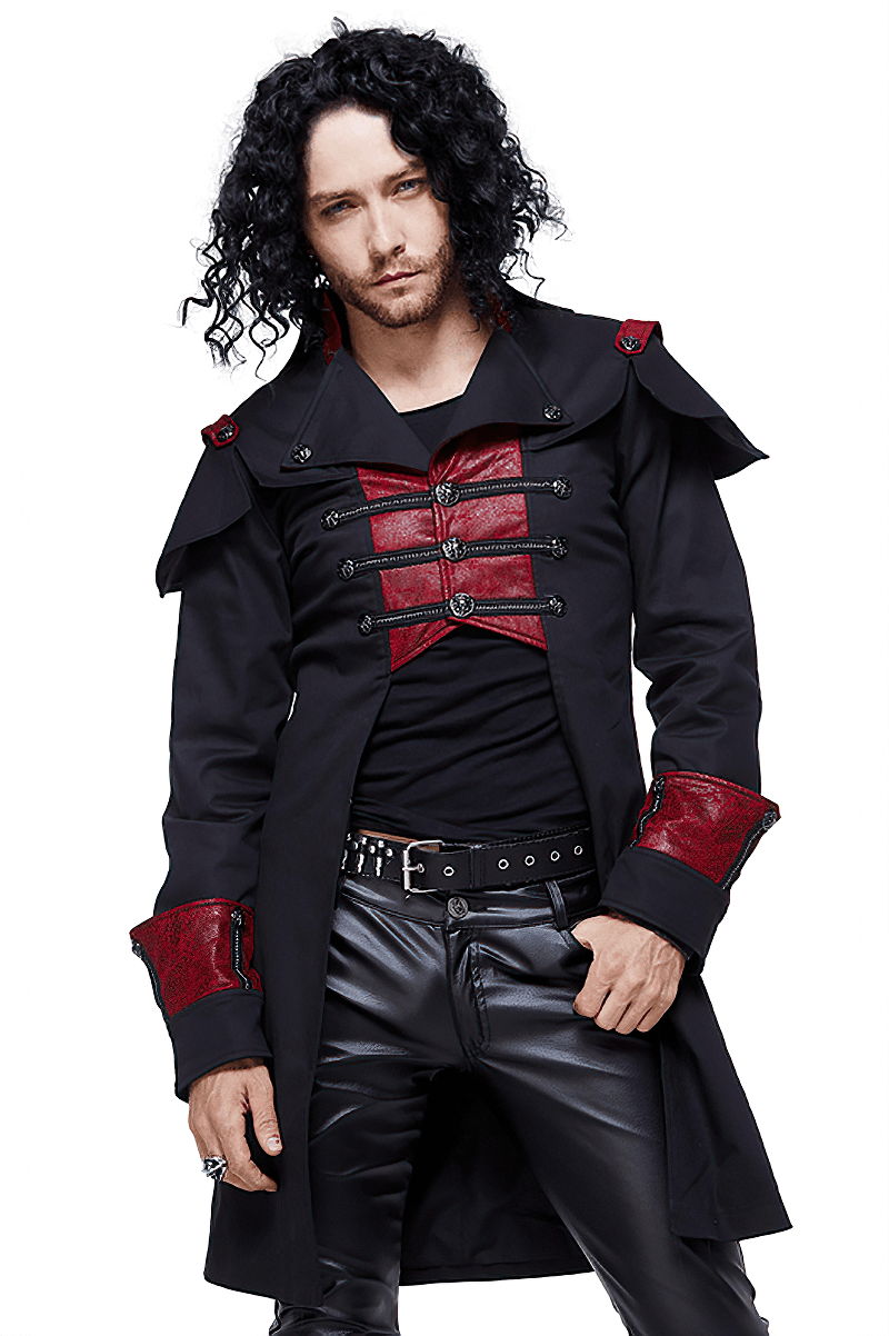 Men's black and red slim fit Gothic coat featuring stylish corset details and a dramatic stand collar.