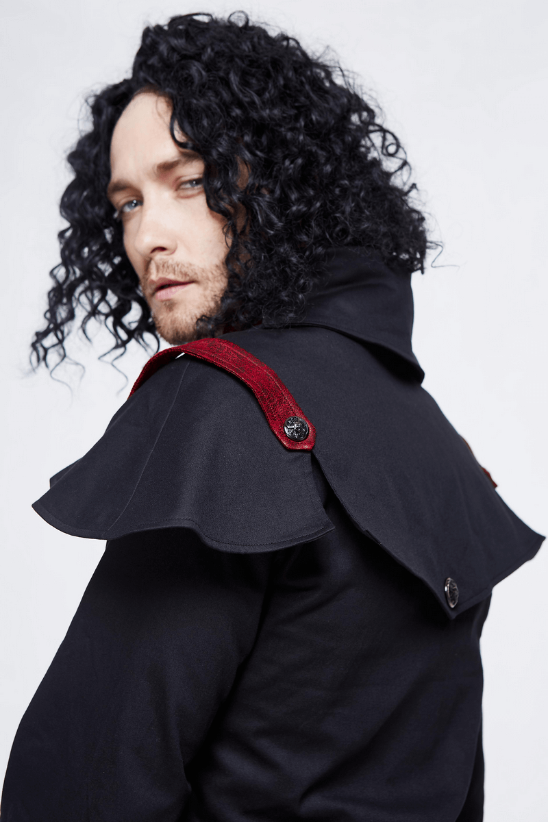 Gothic male model showcasing black and red slim fit stand collar coat with stylish cape design.