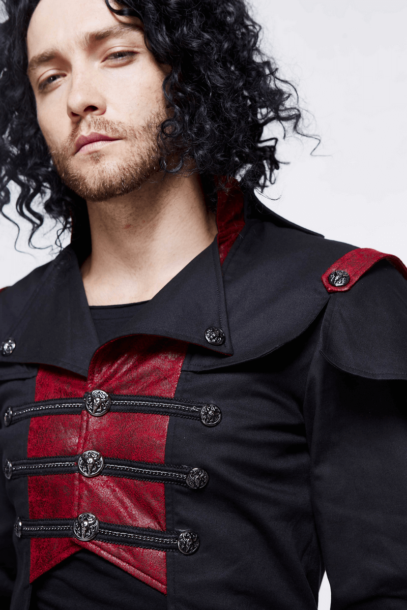 Gothic male model wearing a black and red slim fit stand collar coat with stylish design and unique details.