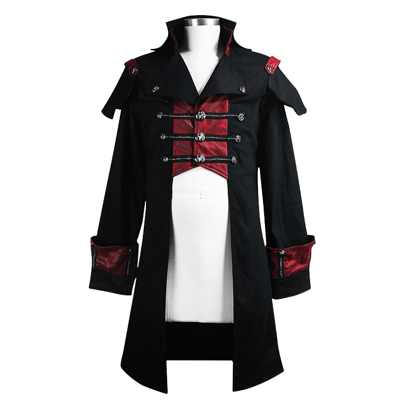 Stylish black and red slim fit stand collar Gothic cape for men, perfect for a unique wardrobe upgrade.