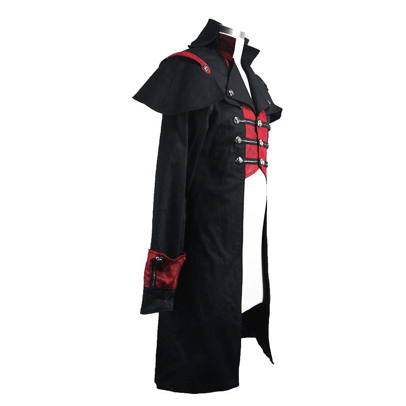 Black and Red Slim fit Stand Collar Coat / Gothic Male Black Military Cape