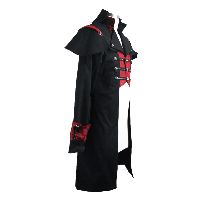 Men's black and red slim fit Gothic cape coat featuring stylish buttons and a stand collar.