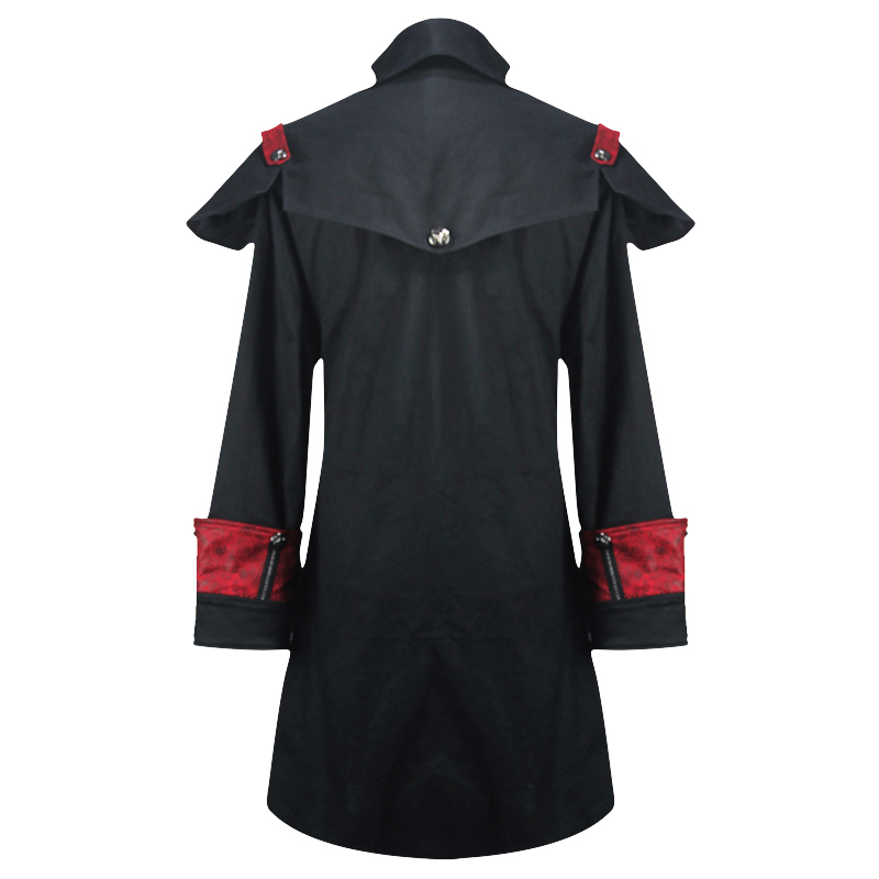 Back view of a men's black and red slim fit Gothic cape coat featuring stylish collar and cuffs.