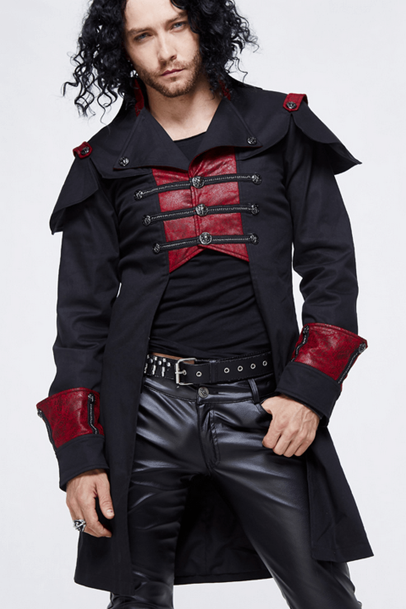 Men's black and red slim fit Gothic cape with stylish buttons, perfect for adding flair to any outfit.