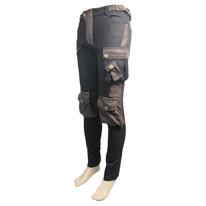 Black and coffee steampunk multi-pocket biker trousers for men, perfect for a gothic-inspired wardrobe.