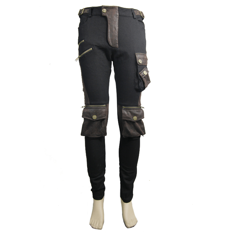 Men's black and coffee steampunk multi-pocket skinny trousers, perfect for a gothic-inspired wardrobe.