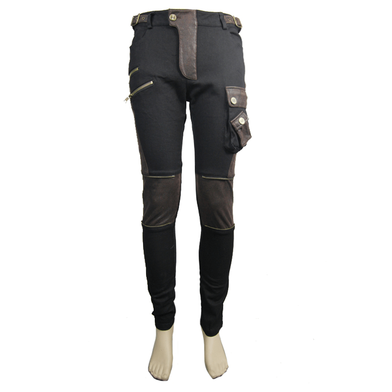 Black and coffee steampunk multi-pocket biker trousers for men, showcasing skinny cut and stylish design.
