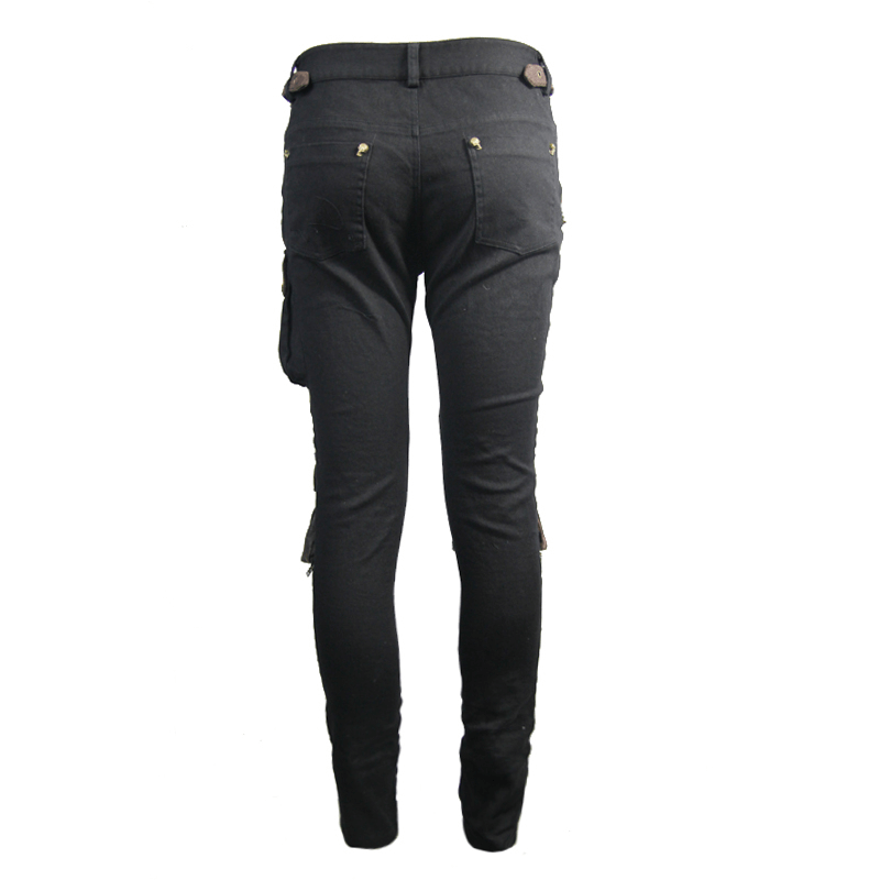 Back view of black and coffee steampunk multi-pocket skinny pants for men, showcasing stylish design and slim fit.