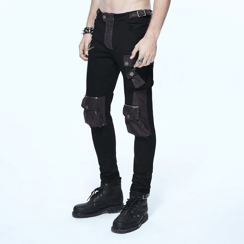 Men's black and coffee steampunk multi-pocket skinny trousers, perfect for a stylish gothic look.