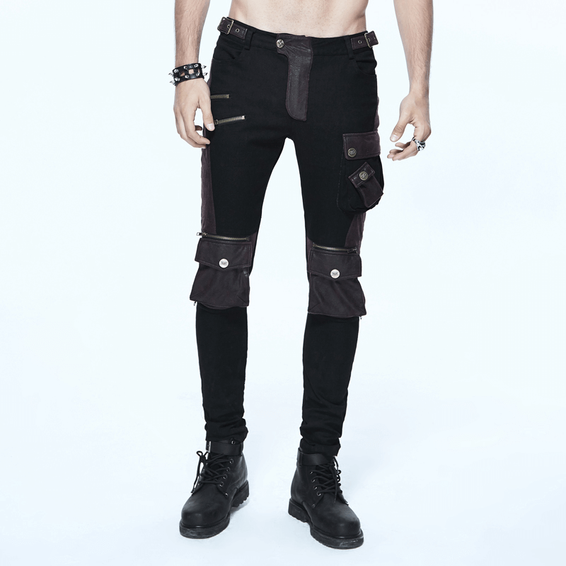 Men's black and coffee steampunk skinny pants with multi-pockets for a stylish gothic look.