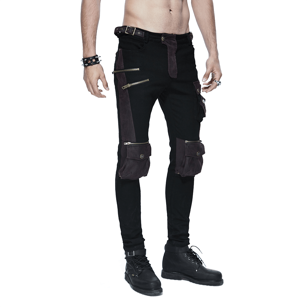 Black and Сoffee Steampunk Multi-Pockets Biker Trousers / Gothic Skinny Pants for Men