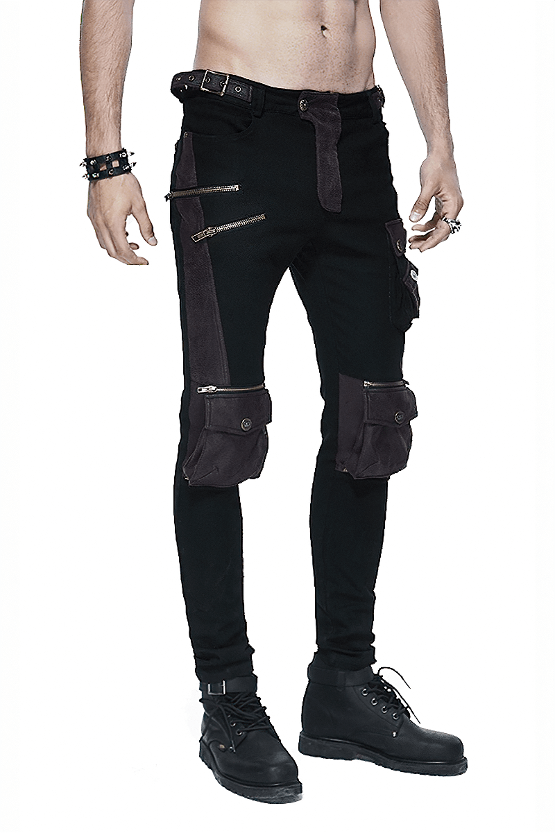 Men's black and coffee steampunk multi-pocket biker trousers, perfect for a gothic style wardrobe.