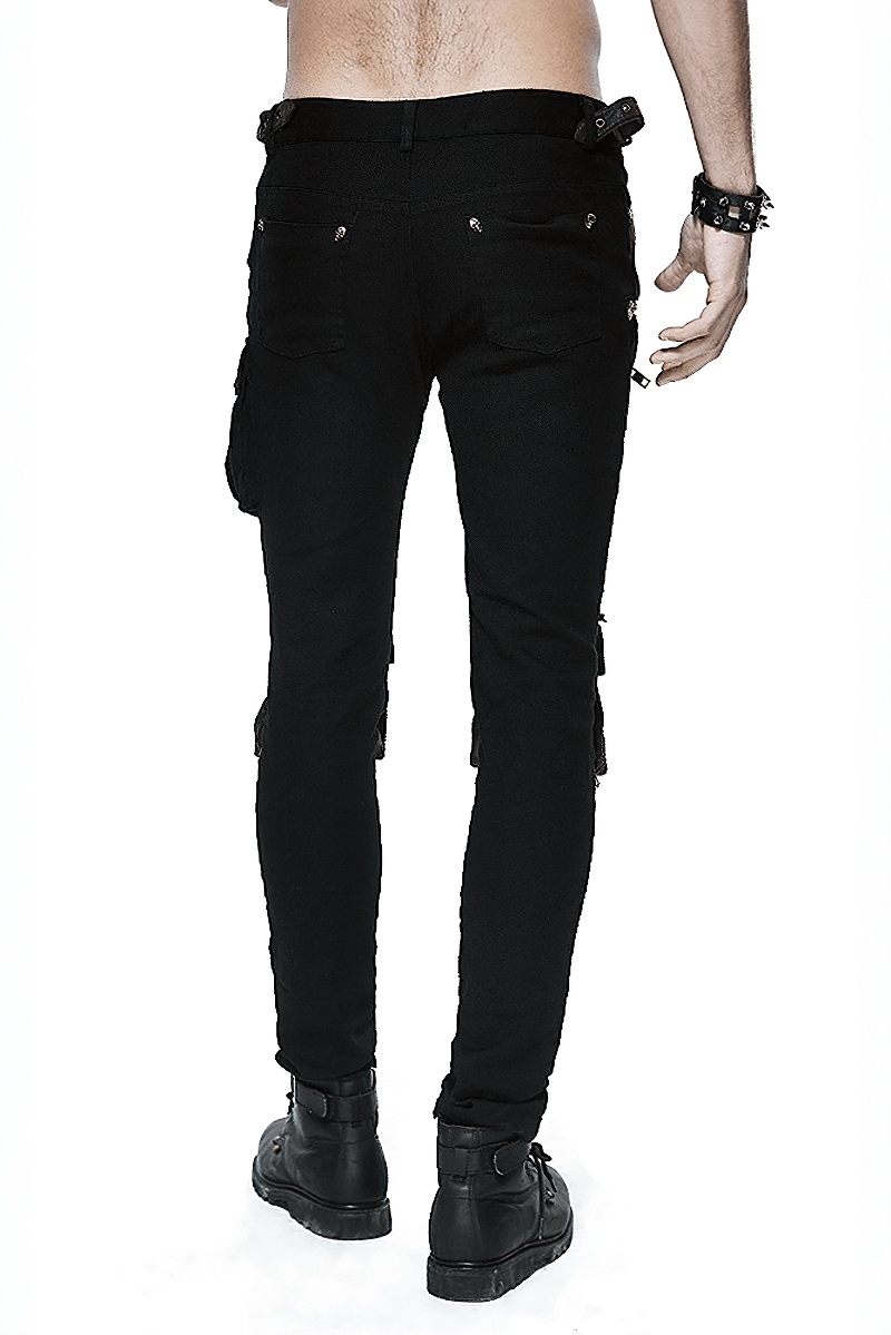 Back view of men's black and coffee steampunk multi-pocket skinny pants, perfect for a gothic biker look.