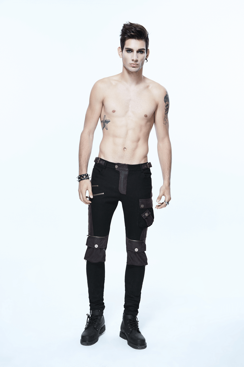 Men's black and coffee steampunk multi-pocket skinny pants showcased on a model, perfect for a gothic edgy look.