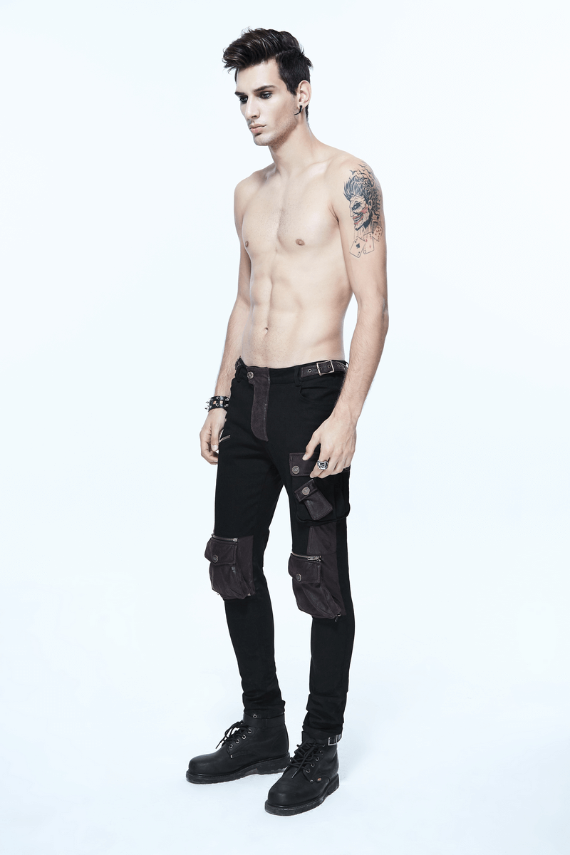 Model showcasing black and coffee steampunk skinny pants with multiple pockets, perfect for a gothic style.