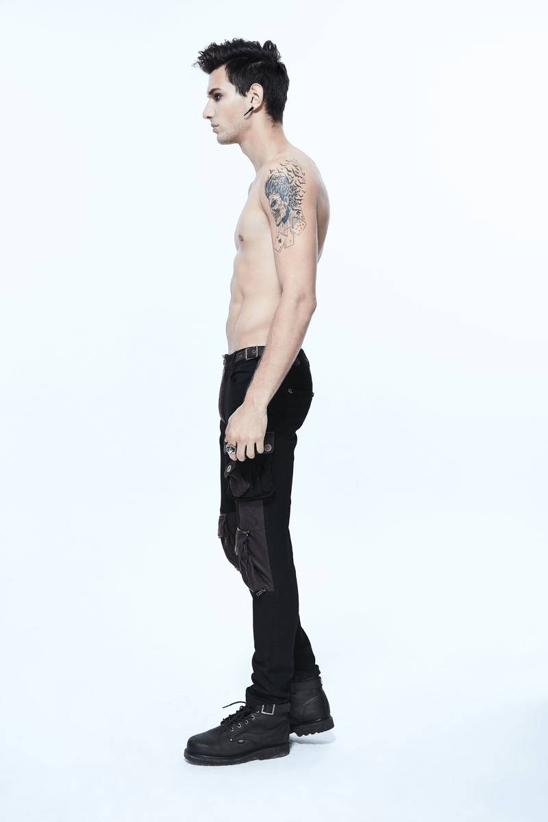 Side view of a man modeling black and coffee steampunk multi-pocket skinny pants, showcasing a sleek fit and trendy design.