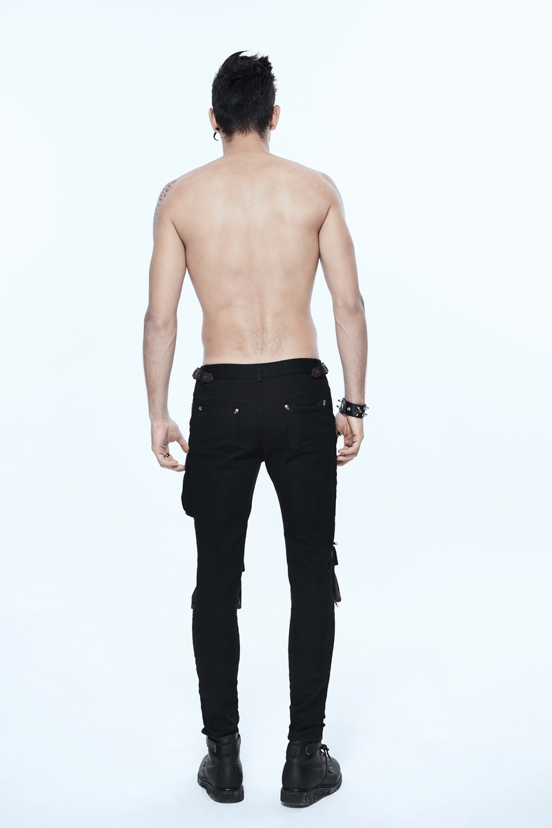 Back view of a man wearing black and coffee steampunk multi-pocket skinny trousers.