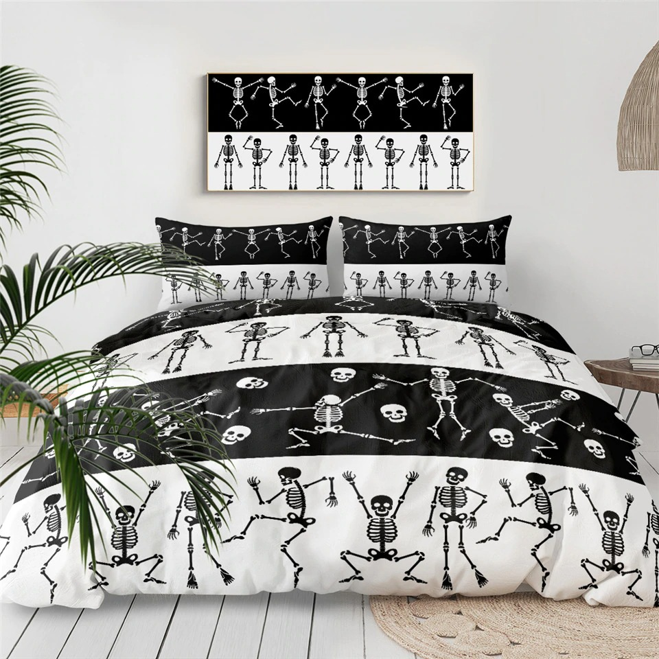 Black and white bedding set featuring playful small skeleton prints, perfect for a gothic bedroom decor.