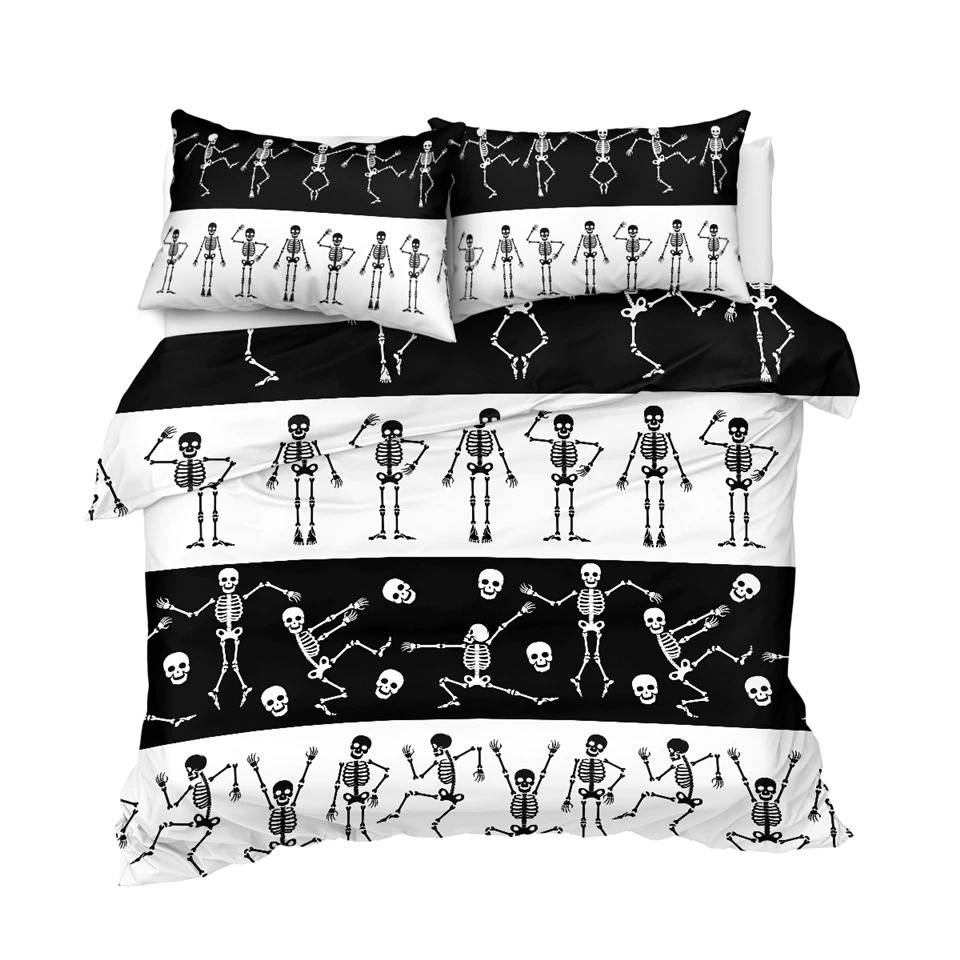 Black and white bedding set featuring playful small skeleton print, perfect for a gothic style bedroom.