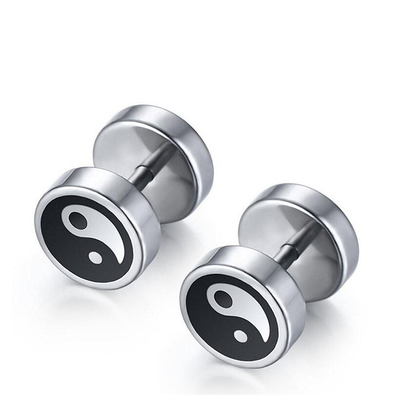Black and white yin-yang stud earrings in stainless steel, unisex design, perfect for everyday rock-inspired accessories.