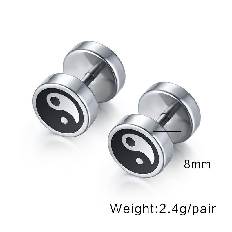 Black and white yin-yang stud earrings in stainless steel, 8mm, unisex, comfortable and stylish accessory.
