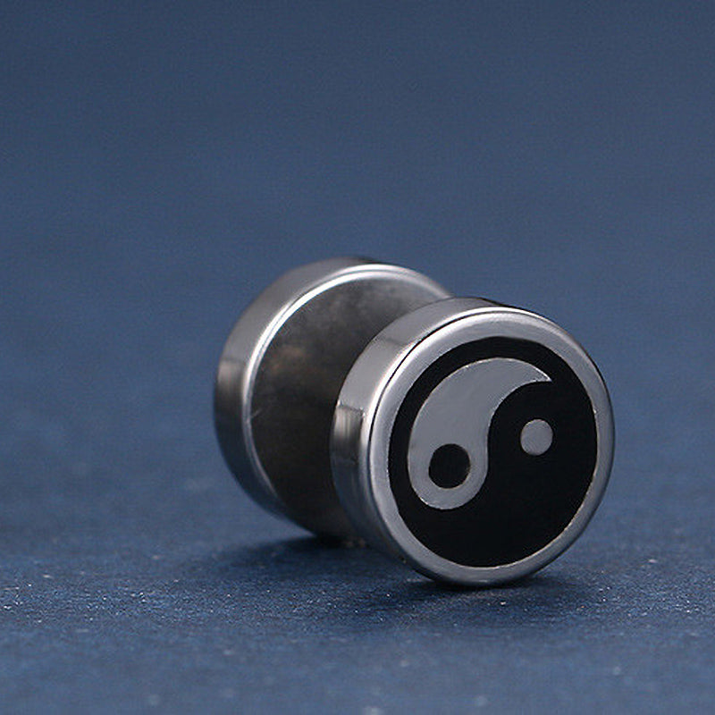 Black and white yin-yang stainless steel stud earring, polished finish, unisex rock accessory for everyday wear.