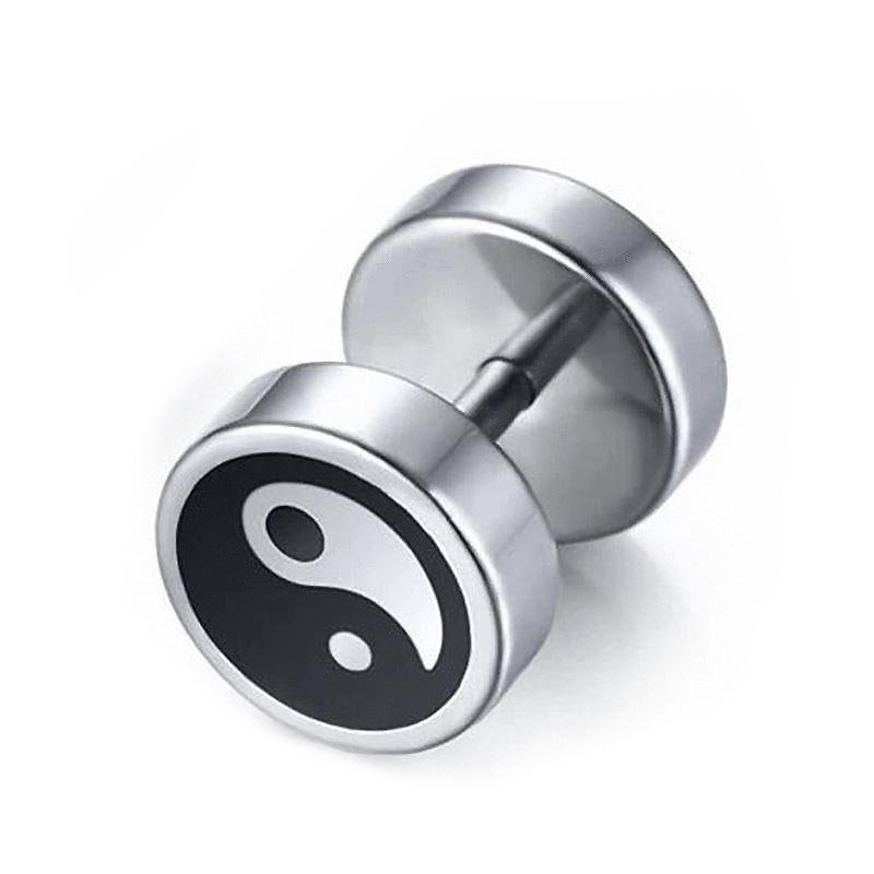 Black and white yin-yang stainless steel stud earring, polished surface, unisex rock accessory.