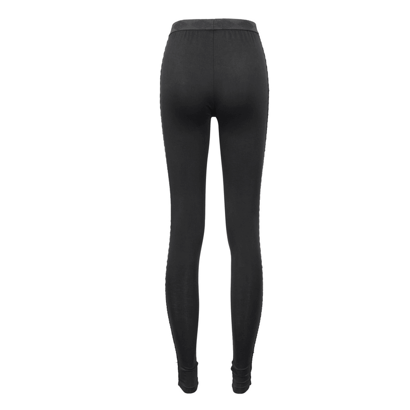 Back view of women's black gothic leggings, made from elastic fabric, showcasing a form-fitting design.