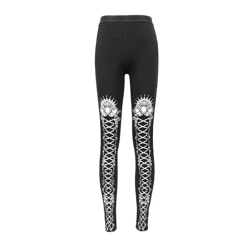 Black and white gothic patterned leggings with stylish lace design for women, perfect for a unique and trendy look.