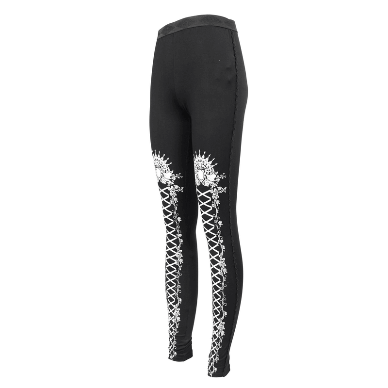 Black and white gothic patterned leggings with stylish lacing and elastic fit for women, perfect for a trendy look.