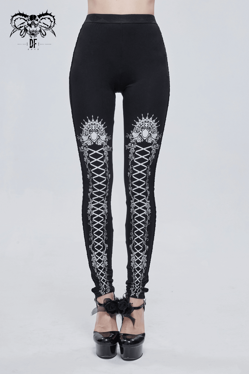 Black and white gothic patterned long leggings featuring stylish lacing, perfect for a chic outfit.