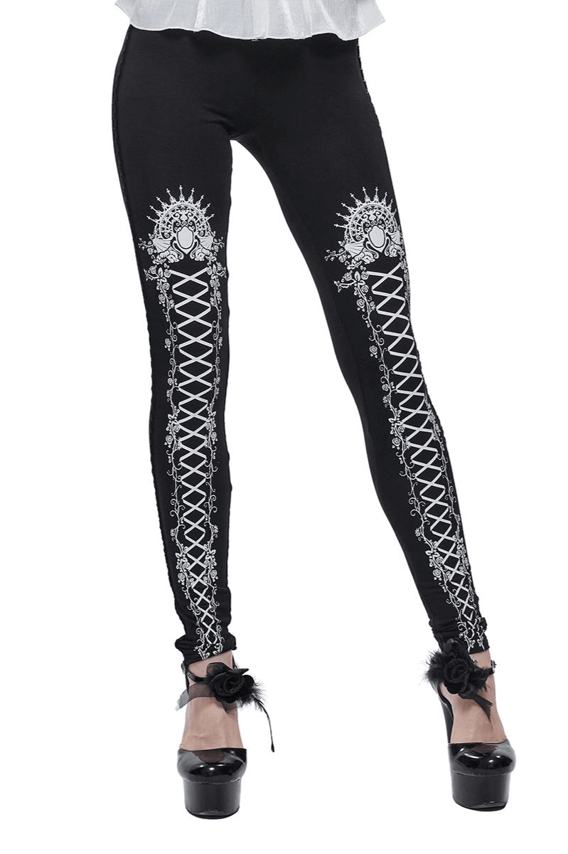 Black And White Gothic Patterned Long Legging / Stylish Lacing Elastic Leggings - HARD'N'HEAVY