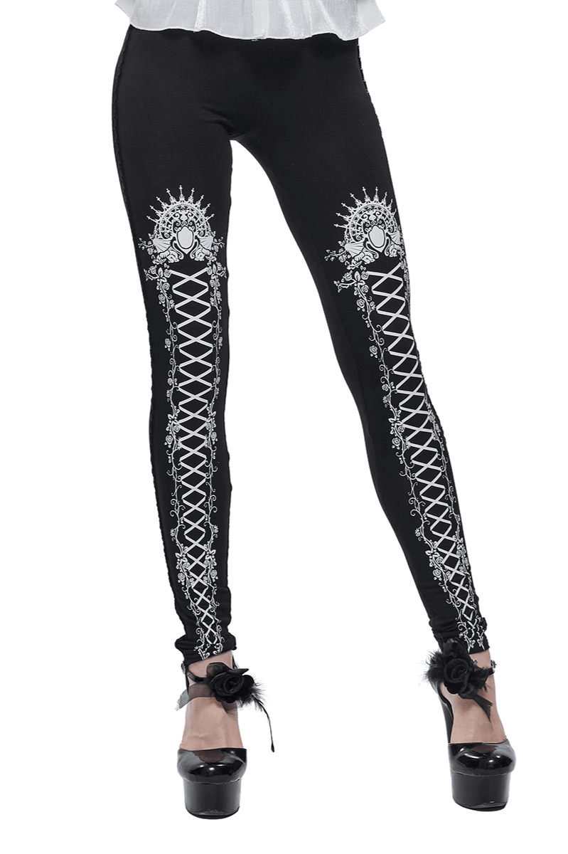 Black and white gothic patterned leggings with stylish lacing detail, perfect for a chic, edgy look.