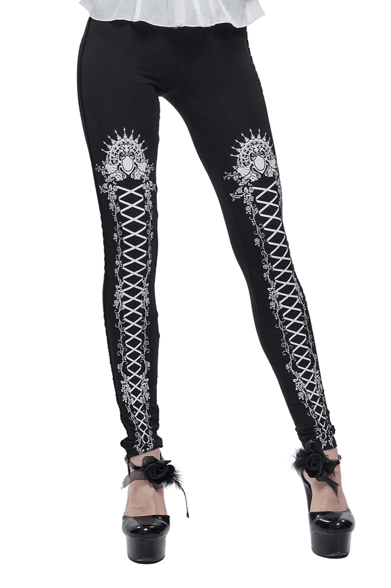 Stylish black and white gothic patterned leggings with lacing detail, perfect for women who love unique fashion.