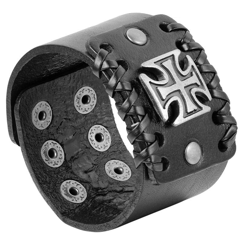 Rock Fashion 4.4CM wide black leather bracelet with Celtic cross and stylish cable-wire chain.